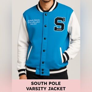 Southpole mens casual varsity jacket fleece contrast sleeve XL blue white